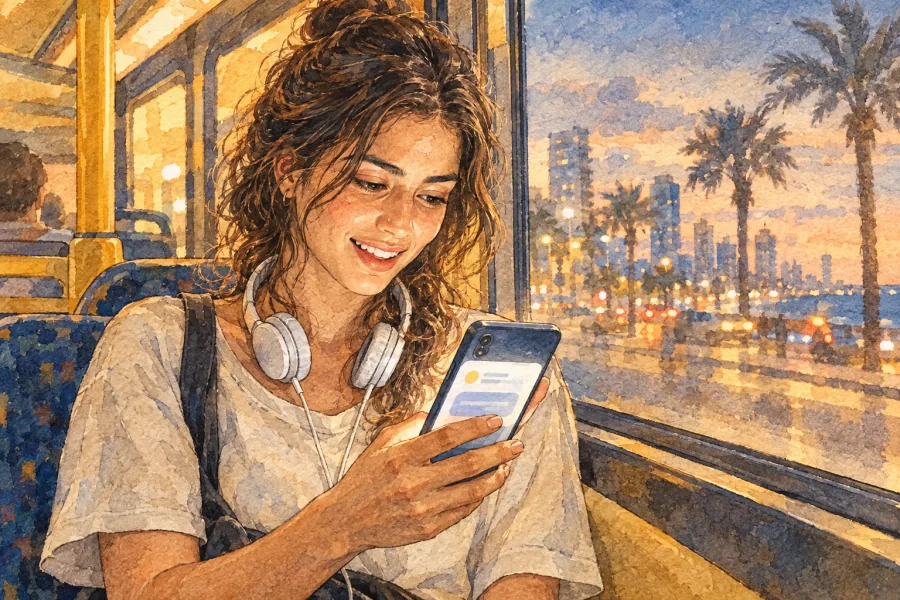 A learner on an evening bus smiles at a message from her tutor