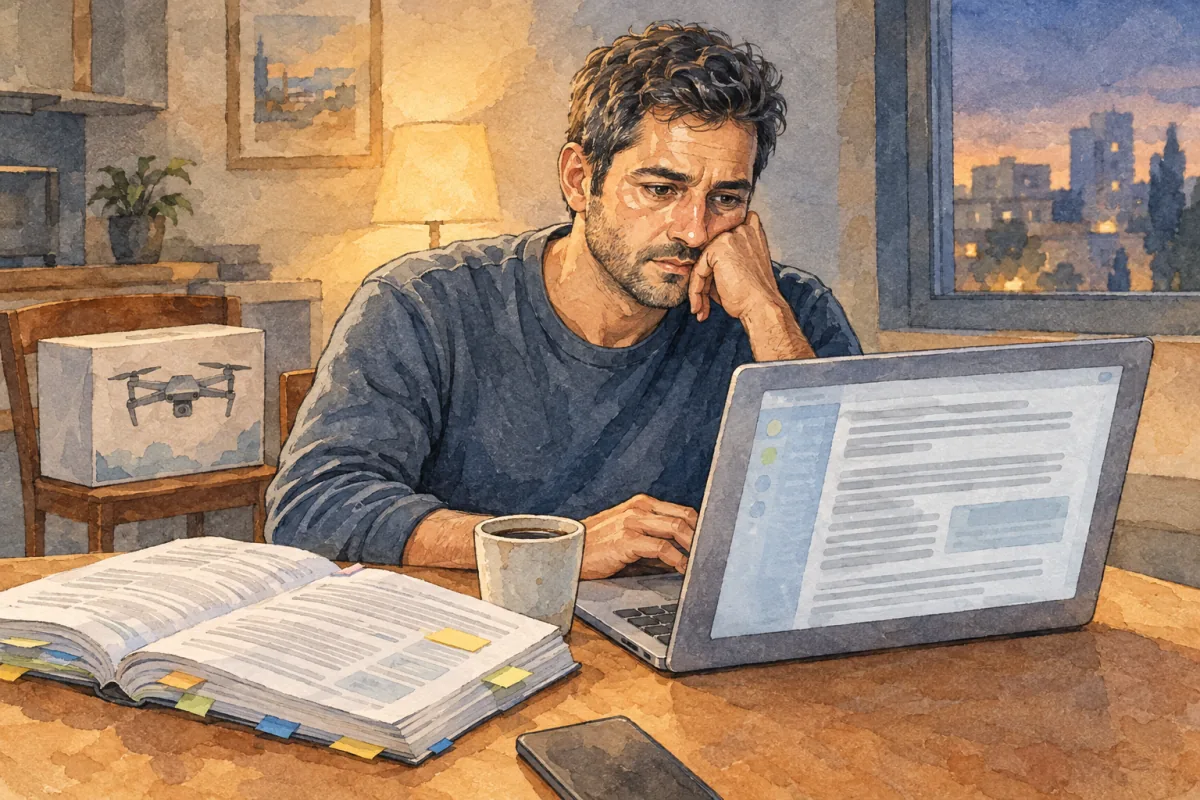 A learner alone at his desk at night, with a booklet and a chat AI on his laptop