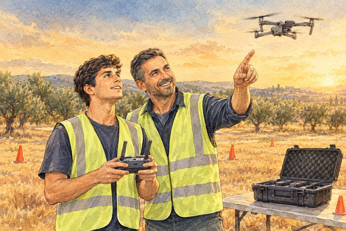 An instructor and a student fly a drone together on a training field