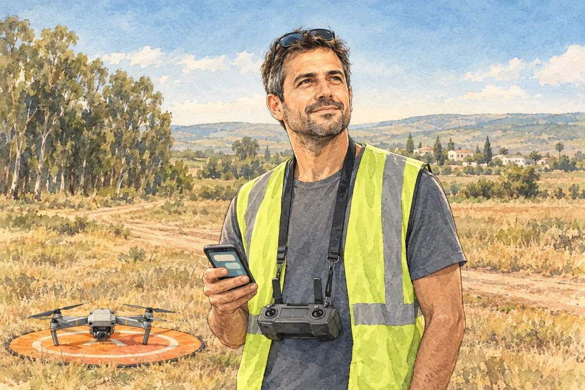A licensed pilot on the flying field, phone in hand