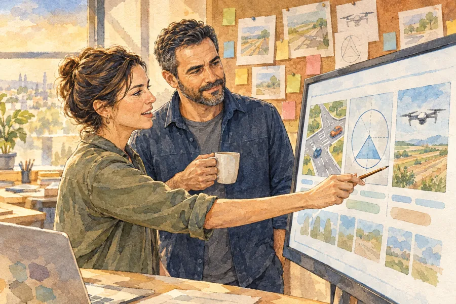 Two people in the Studio check a lesson storyboard together