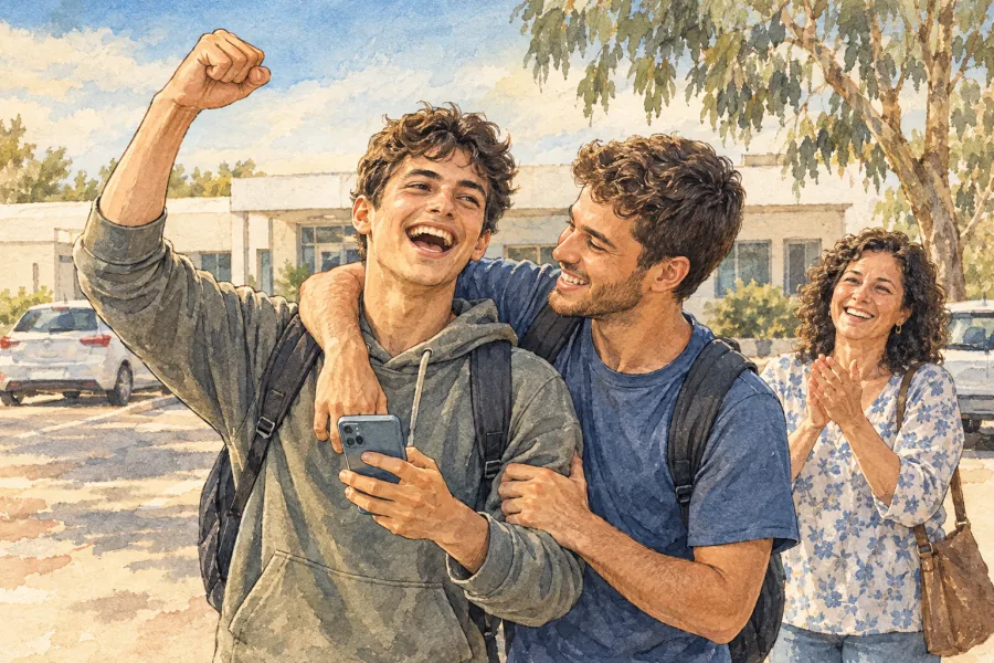 A young man celebrates outside the driving test centre