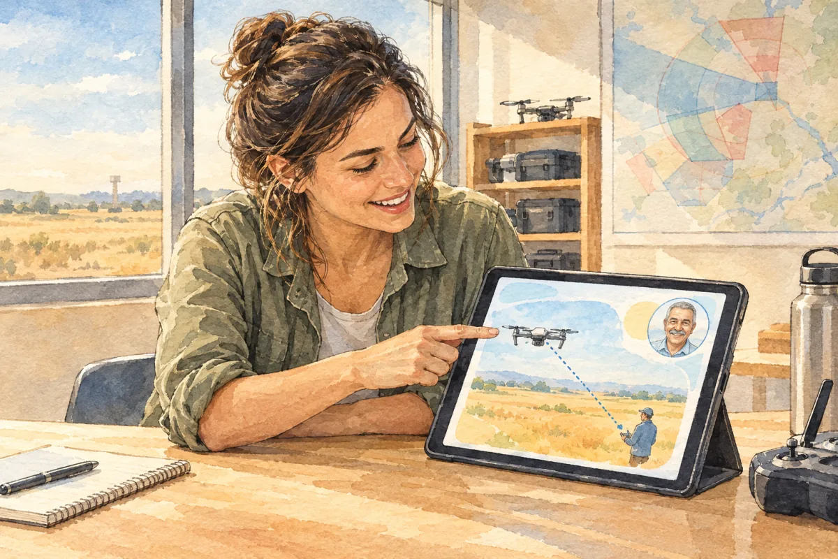 A student points at a lesson on a tablet, with her tutor in the corner of the screen